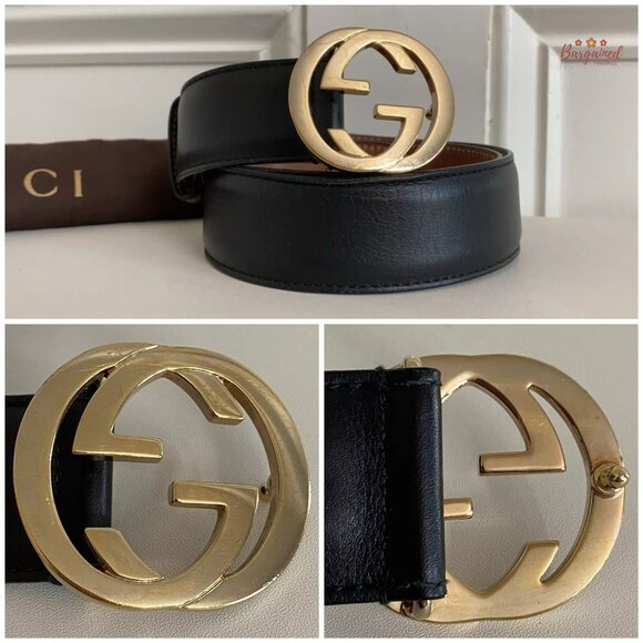 Authentic Gucci Pink Calfskin Leather Gold Interlocking G Buckle Belt 80/32 - Picture 2 of 12